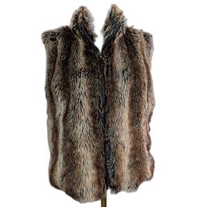 J. Cooper Faux Fur Vest Size L Brown Black Animal Print Zip Front Cozy Layer